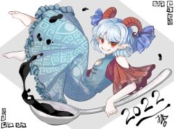 Rule 34 | 1girl, 2022, blue dress, curly hair, detached sleeves, dress, earrings, eye print, highres, horn ornament, horn ribbon, horns, jewelry, meandros, mirei (miirei), oversized object, patterned clothing, pointy ears, red eyes, red horns, red sleeves, ribbon, sharp teeth, sheep horns, signature, solo, teeth, touhou, toutetsu yuuma, utensil, white hair