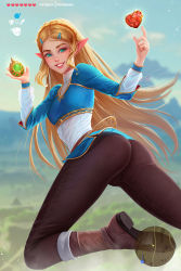 Rule 34 | 1girl, ass, blonde hair, breasts, gameplay mechanics, highres, long hair, looking at viewer, nintendo, open mouth, pointy ears, princess zelda, prywinko, smile, solo, the legend of zelda, the legend of zelda: breath of the wild