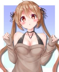 Rule 34 | 10s, 1girl, alternate costume, arms at sides, bare shoulders, blush, breasts, brown hair, casual, chestnut mouth, cleavage, hair between eyes, hair ornament, kantai collection, large breasts, light brown hair, lips, long hair, looking at viewer, mokufuu, murasame (kancolle), off-shoulder, off-shoulder sweater, open mouth, pouty lips, red eyes, sleeves past wrists, solo, sweater, twintails, upper body