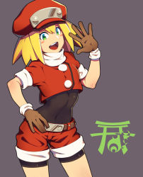 Rule 34 | 1girl, absurdres, belt, blonde hair, blush stickers, bodystocking, breasts, brown belt, brown gloves, commentary request, covered navel, cowboy shot, crop top, gloves, green eyes, grey background, hand on own hip, hand up, hat, highres, long hair, looking at viewer, mega man (series), mega man legends (series), open mouth, red hat, red shirt, red shorts, roll caskett (mega man), shirt, short sleeves, shorts, simple background, small breasts, smile, solo, standing, teeth, yuuten