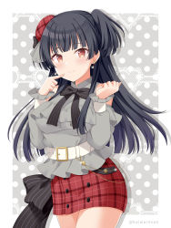 Rule 34 | 1girl, belt, belt buckle, beret, black bow, black hair, bow, breasts, buckle, closed mouth, commentary request, frilled shirt, frills, grey background, grey shirt, hands up, hat, heart, highres, idolmaster, idolmaster poplinks, idolmaster shiny colors, kaiware-san, long hair, long sleeves, mayuzumi fuyuko, medium breasts, mini hat, plaid, plaid headwear, plaid skirt, polka dot, polka dot background, puffy long sleeves, puffy sleeves, red hat, red skirt, shirt, skirt, sleeves past wrists, smile, solo, striped, striped bow, tilted headwear, two-tone background, two side up, very long hair, white background, white belt