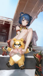 Rule 34 | 1girl, absurdres, bare legs, barefoot, blue hair, braid, braided hair rings, china dress, chinese clothes, dress, feet, fingerless gloves, full body, genshin impact, gloves, guoba (genshin impact), hair ornament, hair rings, hairclip, highres, le (huanglongen), legs, looking at viewer, panda, red panda, soles, solo, toes, xiangling (genshin impact), yellow eyes