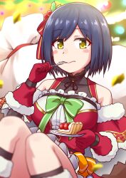 Rule 34 | 1girl, blue hair, blurry, blurry background, blurry foreground, bob cut, bow, capelet, christmas, commentary, depth of field, dress, eating, food, fork, frilled dress, frills, fur-trimmed capelet, fur trim, gloves, goriate, green bow, hair ornament, highres, holding, holding fork, holding saucer, holly hair ornament, looking at viewer, mole, mole under eye, nijisanji, red capelet, sack, santa gloves, saucer, shizuka rin, short dress, short hair, sitting, solo, tart (food), virtual youtuber, yellow eyes