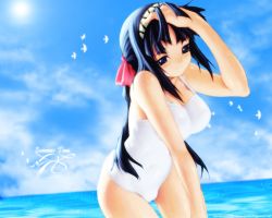 Rule 34 | 1girl, adjusting hair, arm up, beach, bird, black hair, blue eyes, blue hair, breasts, casual one-piece swimsuit, cleavage, cloud, covered navel, day, female focus, hairband, kawata hisashi, kuwashima takako, large breasts, leaning forward, long hair, matching hair/eyes, ocean, one-piece swimsuit, outdoors, sky, smile, solo, sun, swimsuit, tasogare, wading, water, wet, white one-piece swimsuit, white theme