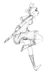 Rule 34 | 1girl, camel (dansen), cracklecradle, female focus, folded ponytail, gun, monochrome, profile, shinonome yuuki, skirt, solo, weapon, white background