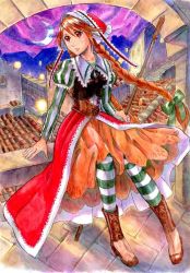Rule 34 | 1girl, bonnet, boots, braid, brown hair, building, coat, commentary request, cordelia (saga), dress, head scarf, high heel boots, high heels, long hair, night, pantyhose, polearm, red eyes, saga, saga frontier 2, sio2 (nisankakeiso), solo, striped clothes, striped pantyhose, twin braids, very long hair, weapon