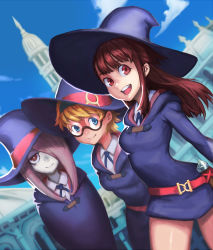 Rule 34 | 10s, 3girls, :d, blue sky, blunt bangs, blush, breasts, brown hair, building, closed mouth, cloud, collared shirt, day, dress, freckles, glasses, hair over one eye, hairband, half-closed eyes, hand on own hip, hat, highres, jcco88, kagari atsuko, legs, little witch academia, long hair, long sleeves, looking at viewer, lotte jansson, multiple girls, open mouth, outdoors, pink hair, red eyes, shirt, short dress, short hair, sky, small breasts, smile, standing, sucy manbavaran, thighs, white background, wide sleeves, witch, witch hat