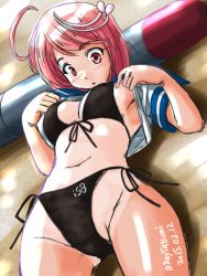 Rule 34 | 10s, 1girl, armpit peek, bikini, black bikini, blush, breasts, character name, clothes lift, dated, front-tie top, i-58 (kancolle), kantai collection, lifting own clothes, lying, navel, on back, one-piece tan, pink hair, red eyes, sailor collar, sailor shirt, shirt, shirt lift, short hair, side-tie bikini bottom, solo, swimsuit, tan, tanline, tatsumi ray, torpedo, twitter username, type 95 torpedo