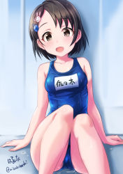 Rule 34 | 1girl, blue one-piece swimsuit, breasts, brown eyes, brown hair, rabbit hair ornament, hair ornament, hairclip, haruhina0104, idolmaster, idolmaster cinderella girls, idolmaster cinderella girls starlight stage, looking at viewer, name tag, one-piece swimsuit, open mouth, sasaki chie, school swimsuit, short hair, sitting, small breasts, smile, solo, swimsuit, twitter username
