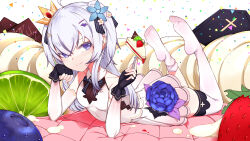 Rule 34 | 1girl, absurdres, azuma seren, bare shoulders, black gloves, blanche fleur, blue eyes, blue flower, blush, breasts, choumi wuti (xueye fanmang zhong), closed mouth, coffin, commentary request, confetti, cross, crown, detached sleeves, fingerless gloves, flower, food, fork, fruit, full body, gloves, grey hair, hair flower, hair ornament, hair over one eye, hands up, highres, holding, holding fork, latin cross, legs up, long hair, long sleeves, mini crown, mini person, minigirl, multicolored hair, no shoes, pleated skirt, shirt, simple background, single sock, single thighhigh, skirt, sleeveless, sleeveless shirt, small breasts, smile, socks, soles, solo, strawberry, streaked hair, thighhighs, tilted headwear, two side up, very long hair, virtual youtuber, white background, white shirt, white skirt, white sleeves, white socks, white thighhighs