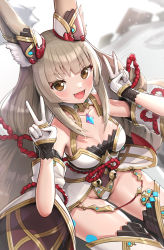 Rule 34 | 1girl, :d, animal ears, blunt bangs, breasts, cat ears, chest jewel, cleavage, detached sleeves, double v, facial mark, female focus, gloves, gonzarez, highleg, highleg leotard, highres, leotard, long hair, looking at viewer, low twintails, medium breasts, nia (blade) (xenoblade), nia (xenoblade), open mouth, silver hair, smile, solo, thighhighs, twintails, v, very long hair, xenoblade chronicles (series), xenoblade chronicles 2, yellow eyes