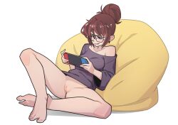 1girl barefoot bean_bag_chair black-framed_eyewear black_sweater bottomless breasts brown_hair cleft_of_venus commentary commission earrings english_commentary full_body glasses hair_bun handheld_game_console holding holding_handheld_game_console jewelry magda_(the_pink_pirate) naked_shirt nintendo_switch no_panties off-shoulder_sweater off_shoulder on_floor original playing_games purple_eyes pussy shirt short_hair single_hair_bun sitting small_breasts solo spread_legs sweater t-shirt the_pink_pirate toes uncensored wide_sleeves