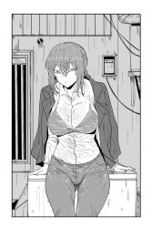 Rule 34 | 1girl, bra visible through clothes, breasts, business suit, chainsaw man, coat, collared shirt, formal, greyscale, highres, long hair, makima (chainsaw man), medium hair, monochrome, necktie, pants, ringed eyes, see-through, shirt, solo, suit, urec, wet, wet clothes, wet shirt, white shirt