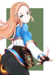 Rule 34 | 1girl, absurdres, ass, blonde hair, breasts, fingerless gloves, from behind, gloves, green eyes, hair ornament, hairclip, half updo, highres, huge ass, long hair, looking at viewer, looking back, medium breasts, nintendo, pants, pointy ears, princess zelda, shirt, sideboob, skin tight, solo, the legend of zelda, the legend of zelda: breath of the wild, tight clothes, tight pants, very long hair, wide hips