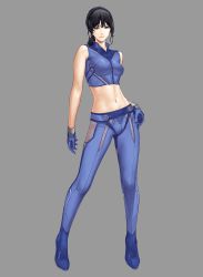 Rule 34 | 1girl, black hair, blue eyes, blue gloves, blue pants, carla (zoids), crop top, full body, gloves, grey background, highres, hironox, looking at viewer, midriff, navel, pants, ponytail, short hair, simple background, sleeveless, solo, standing, stomach, tank top, zoids