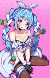 Rule 34 | 1girl, absurdres, arm between breasts, between breasts, black gloves, black pantyhose, blue dress, blue hair, braid, breasts, carrot, carrot hair ornament, chai mao, cleavage, dress, food-themed hair ornament, gloves, hair ornament, highres, hololive, long hair, medium breasts, off shoulder, open mouth, pantyhose, pink background, polka dot, polka dot background, pom pom (clothes), red eyes, short eyebrows, simple background, sitting, solo, twin braids, usada pekora, usada pekora (1st costume), v arms, virtual youtuber, white hair