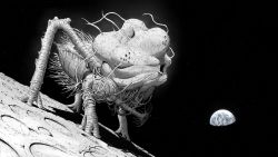 Rule 34 | commentary, earth (planet), eldritch abomination, english commentary, giant, giant monster, greyscale, highres, monochrome, monster, moon, on moon, original, outdoors, planet, space, star (sky), y naf