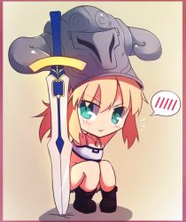 Rule 34 | 1girl, :t, bandeau, blonde hair, blush, boots, chibi, clarent (fate), denim, denim shorts, fate/apocrypha, fate (series), flat chest, green eyes, unworn headwear, helmet, unworn helmet, jewelry, long hair, mordred (fate), mordred (fate/apocrypha), mordred (memories at trifas) (fate), necklace, ponytail, shorts, solo, spoken blush, squatting, strapless, sword, tube top, tusia, weapon