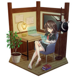 Rule 34 | 1girl, absurdres, barefoot, black hat, black skirt, braid, brown hair, capelet, chair, computer, fedora, hat, highres, holographic monitor, holographic touchscreen, indoors, laptop, necktie, ramie (ramie541), red necktie, science fiction, shirt, single braid, skirt, solo, table, touhou, usami renko