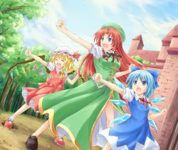 Rule 34 | 3girls, ascot, blonde hair, blue eyes, blue hair, bobby socks, bow, braid, cirno, closed eyes, dress, fangs, fighting stance, flandre scarlet, forest, hair bow, hat, hong meiling, ice, ice wings, long hair, multiple girls, nature, neck ribbon, open mouth, outstretched arm, red hair, ribbon, sakimiya (inschool), scarlet devil mansion, short hair, skirt, smile, socks, touhou, tree, twin braids, wings