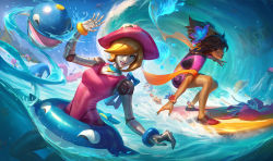 Rule 34 | 2girls, android, hat, league of legends, lipstick, makeup, multiple girls, official art, orianna (league of legends), pool party orianna, pool party tailyah, robot, robot joints, smile, swimsuit, taliyah, water