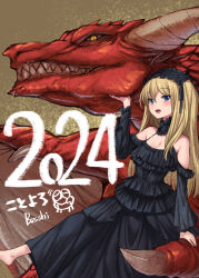 Rule 34 | 1girl, 2024, barefoot, black dress, blonde hair, blue eyes, bosshi, breasts, chinese zodiac, cleavage, commentary request, detached collar, detached sleeves, dragon, dress, frilled dress, frilled sleeves, frills, gothic lolita, grin, hairband, highres, lolita fashion, lolita hairband, long dress, medium breasts, open mouth, original, sharp teeth, signature, slit pupils, smile, teeth, year of the dragon, yellow eyes