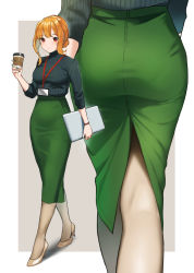 Rule 34 | 1girl, ass, black sweater, blush, breasts, brown footwear, closed mouth, commentary request, cup, disposable cup, doushimasho, from behind, full body, green nails, green skirt, grey pantyhose, hair bun, high heels, highres, holding, holding cup, id card, kneepits, large breasts, long skirt, long sleeves, looking at viewer, multiple views, nail polish, office lady, original, pantyhose, pantylines, pencil skirt, red eyes, short hair with long locks, sidelocks, single hair bun, skirt, smile, sweater, walking, wristband