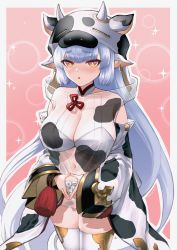 Rule 34 | 1girl, absurdres, animal costume, animal ears, animal print, blue hair, border, catura (granblue fantasy), cow costume, cow ears, cow girl, cow hat, cow hood, cow horns, cow print, cow tail, draph, granblue fantasy, grey border, hassy (97197257), highres, horns, light blue hair, long hair, micro shorts, navel, orange eyes, own hands together, pink background, see-through, shorts, solo, tail, open fly, white shorts