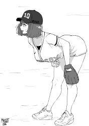 1girl, absurdres, ankle socks, ball, bangs, baseball, baseball cap, baseball glove, baseball jersey, baseball uniform, bent over, blunt bangs, borrowed character, breasts, character name, clothes writing, full body, greyscale, hat, highres, holding, holding ball, huge breasts, monochrome, nike, norman maggot, original, rina atherina, shoes, short hair, sneakers, solo, sportswear