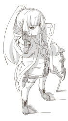 Rule 34 | 1girl, aiming, aiming at viewer, boots, closed mouth, collared shirt, cross-laced footwear, dress shirt, full body, greyscale, gun, hair between eyes, hand on hilt, handgun, highres, holding, holding gun, holding weapon, jacket, katana, kuro kosyou, lace-up boots, long hair, long sleeves, looking at viewer, monochrome, open clothes, open jacket, original, ponytail, puffy long sleeves, puffy sleeves, shadow, sheath, sheathed, shirt, short shorts, shorts, simple background, solo, standing, sword, v-shaped eyebrows, very long hair, weapon, white background