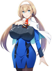 Rule 34 | 1girl, blonde hair, blue eyes, breasts, covered erect nipples, cowboy shot, earrings, hair between eyes, highres, jewelry, large breasts, long hair, long sleeves, looking at viewer, mitsuba greyvalley, pantyhose, simple background, skirt, smile, solo, super robot wars, super robot wars 30, thirty 8ght, twintails, white background