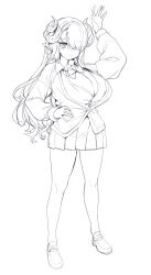 Rule 34 | 1girl, aningay, arm up, breasts, cardigan, cleavage, closed mouth, collared shirt, dress shirt, full body, greyscale, hair over one eye, highres, horns, huge breasts, loafers, long hair, long sleeves, medium breasts, monochrome, original, pleated skirt, pointy ears, puffy long sleeves, puffy sleeves, school uniform, shirt, shoes, simple background, skirt, smile, solo, standing, thick eyebrows, very long hair, white background
