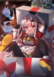Rule 34 | 1girl, bell, blush, christmas, christmas lights, christmas ornaments, christmas present, christmas tree, dress, fang, fur trim, gift, gloves, gradient hair, hair ornament, highres, hololive, horns, jingle bell, long hair, looking at viewer, multicolored hair, nakiri ayame, oni, open mouth, red eyes, red hair, skin-covered horns, smile, solo, streaked hair, terra bose, virtual youtuber, white hair