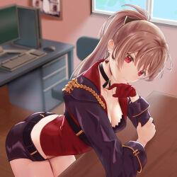 Rule 34 | 1girl, ass, azur lane, black choker, black jacket, breasts, brown hair, brown shorts, choker, cleavage, computer, corset, earrings, epaulettes, from side, gloves, hakamaboooots, half gloves, highres, indoors, jacket, jean bart (azur lane), jewelry, keyboard (computer), leaning forward, long hair, midriff peek, monitor, mouse (computer), pirate, ponytail, red corset, red eyes, red gloves, short shorts, shorts, single glove, small breasts, solo, window