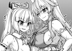 Rule 34 | &gt;:), &gt;;), 2girls, adapted costume, armpits, ascot, bare shoulders, blush, bow, breasts, detached sleeves, elbow gloves, ex-keine, from side, fujiwara no mokou, gloves, greyscale, hair bow, heavy breathing, itou yuuji, kamishirasawa keine, large breasts, long hair, monochrome, multiple girls, nose blush, parted lips, ponytail, sideboob, sidelocks, sweat, touhou, trembling, v-shaped eyebrows