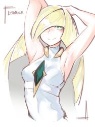 Rule 34 | 10s, 1girl, armpits, arms up, bare arms, blonde hair, breasts, character name, closed mouth, creatures (company), deel (rkeg), dress, empty eyes, game freak, hair over one eye, highres, long hair, looking at viewer, lusamine (pokemon), nintendo, pokemon, pokemon sm, simple background, sketch, sleeveless, smile, solo, upper body
