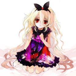 Rule 34 | 1girl, blonde hair, boots, bow, dress, floral print, flower, long hair, ni (2shi), original, pc personification, red eyes, solo, very long hair