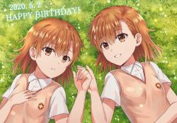 Rule 34 | 2girls, :d, asymmetrical bangs, bob cut, brown eyes, brown hair, commentary, dated, dress shirt, flower, from above, grass, hair flower, hair ornament, hairclip, hand on own chest, highres, holding hands, looking at viewer, lying, misaka imouto, misaka mikoto, multiple girls, on back, open mouth, parted lips, remoa, school uniform, shirt, short hair, siblings, sisters, smile, toaru kagaku no railgun, toaru majutsu no index, tokiwadai school uniform, upper body, white flower, white shirt