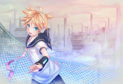 Rule 34 | 1boy, ahoge, bad id, bad pixiv id, blonde hair, blue eyes, factory, fence, headset, kagamine len, male focus, necktie, open mouth, short hair, smile, smoke, solo, vocaloid