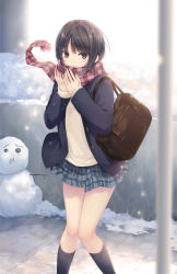 Rule 34 | 1girl, aoyama sumika, bag, black socks, blazer, blue jacket, blurry, blurry foreground, blush, brown eyes, brown hair, closed mouth, coffee-kizoku, commentary request, day, depth of field, fringe trim, grey skirt, hands up, highres, jacket, kneehighs, long sleeves, miniskirt, open clothes, open jacket, original, outdoors, plaid, plaid scarf, plaid skirt, pleated skirt, red scarf, scarf, school bag, school uniform, sidelocks, skirt, sleeves past wrists, smile, snow, snowman, socks, solo, standing, sweater, white sweater