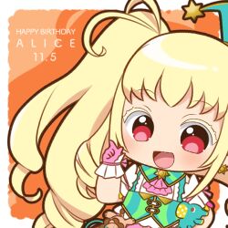 Rule 34 | 1girl, :d, ascot, blonde hair, border, character name, chibi, chii (chi pppuri), commentary request, drop shadow, gloves, green jacket, hand up, happy birthday, idol clothes, jacket, kagayaki alice, kiratto pri chan, long hair, looking at viewer, open mouth, outside border, pink ascot, pink gloves, pretty series, red eyes, shirt, side ponytail, smile, solo, standing, star (symbol), very long hair, white border, white shirt