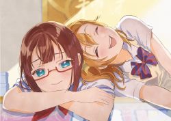 Rule 34 | 2girls, absurdres, aqua eyes, artist name, artist request, blush, bow, bowtie, breasts, brown hair, closed eyes, closed mouth, collared shirt, commentary request, female focus, glasses, hair between eyes, highres, indoors, kosaka honoka, kosaka yukiho, looking at viewer, love live!, love live! school idol project, lying, multiple girls, on stomach, open mouth, orange hair, otonokizaka school uniform, parted lips, ponytail, red-framed eyewear, red bow, red bowtie, school uniform, serafuku, shirt, short hair, short ponytail, short sleeves, siblings, side ponytail, sisters, smile, striped bow, striped bowtie, striped clothes, sweater vest, teeth, tunamayo319, upper body, upper teeth only, vest, white shirt, yellow bow, yellow vest