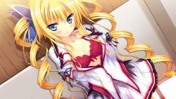 Rule 34 | 1girl, against wall, blonde hair, blue eyes, blush, bow, bow bra, bra, breasts, cleavage, drill hair, dutch angle, eufonie, eve elain austin, game cg, koiken otome, koiken otome revive, lingerie, long hair, long sleeves, looking at viewer, open clothes, open shirt, red bra, school uniform, shirt, skirt, small breasts, smile, solo, sweatdrop, tateha (marvelous grace), twin drills, twintails, underwear, very long hair