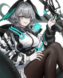 Rule 34 | 1girl, aqua eyes, arknights, between breasts, black pantyhose, breasts, coat, dress, feathered wings, feet out of frame, fingerless gloves, gloves, grey hair, hair between eyes, head wings, highres, ho&#039;olheyak (arknights), hood, hooded coat, large breasts, long sleeves, looking at viewer, medium hair, miraeearim, nail polish, open clothes, pantyhose, parted lips, pencil dress, sidelocks, simple background, snake tail, solo, strap between breasts, tail, white background, white dress, white gloves, wings