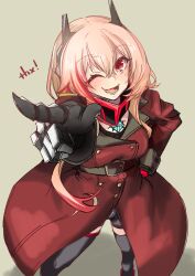 Rule 34 | 1girl, blonde hair, breasts, commentary request, feet out of frame, girls&#039; frontline, griffin &amp; kryuger military uniform, hair between eyes, hand on own hip, headset, highres, jacket, light brown background, long hair, looking at viewer, m4 sopmod ii (girls&#039; frontline), m4 sopmod ii (mod3) (girls&#039; frontline), medium breasts, military jacket, mod3 (girls&#039; frontline), multicolored hair, nakiusagi, one eye closed, open mouth, pointing, pointing at viewer, red eyes, red hair, simple background, smile, solo, thighhighs