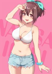 Rule 34 | 1girl, :d, arm at side, bikini, bikini top only, blue bow, blue shorts, blush, bow, brown hair, character name, collarbone, cowboy shot, cutoffs, denim, denim shorts, dot nose, hair between eyes, hair bow, hand up, highres, ibuki nagisa, idoly pride, legs together, looking at viewer, navel, open mouth, pink background, pink eyes, plum (arch), shading eyes, short hair, short ponytail, short shorts, shorts, sidelocks, simple background, smile, solo, stomach, swimsuit, teeth, thick thighs, thighs, upper teeth only, white bikini