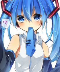 Rule 34 | 1girl, ?, blue eyes, blue hair, blush, detached sleeves, hatsune miku, long hair, looking at viewer, matching hair/eyes, mouth hold, necktie, simple background, solo, spoken question mark, twintails, vocaloid, white background, yuruno
