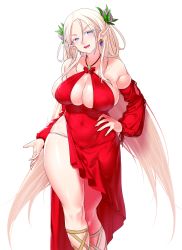 Rule 34 | 1girl, :d, bare shoulders, blonde hair, blush, breasts, cleavage, covered navel, detached sleeves, dress, earrings, elf, hair ornament, hand on own hip, highres, jewelry, large breasts, long hair, onsoku inu, open mouth, original, panties, parted bangs, pointy ears, purple eyes, red dress, simple background, smile, solo, teeth, underwear, very long hair, white background