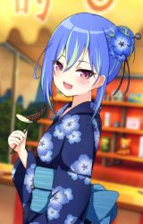Rule 34 | 1girl, alternate costume, blue flower, blue hair, blue kimono, blue sash, blurry, blurry background, blush, breasts, chocolate banana, commentary request, dutch angle, floral print, flower, green hair, hair between eyes, hair bun, hair flower, hair ornament, hair stick, highres, indoors, japanese clothes, kimono, long bangs, long sleeves, looking at viewer, market stall, mole, mole under eye, multicolored hair, nanashi inc., obi, open mouth, pink eyes, print kimono, sash, short hair, sidelocks, single hair bun, small breasts, smile, solo, stuffed animal, stuffed toy, suzumi nemo, teddy bear, two-tone hair, upper body, virtual youtuber, yamapiyo