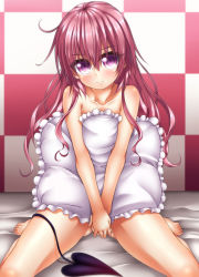 Rule 34 | 1girl, absurdres, barefoot, bed sheet, blush, checkered background, closed mouth, collarbone, commentary request, covering privates, covering crotch, demon tail, derivative work, frilled pillow, frills, gluteal fold, hair between eyes, head tilt, highres, long hair, looking at viewer, nana asta deviluke, nude cover, oooqqq, pillow, pink hair, purple eyes, sitting, solo, tail, to love-ru, very long hair, wariza